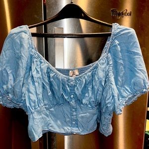 Dizzy Lizzy Blue Cropped peasant TOP Denim Puff-Sleeve Ruffle-Trimmed size 3XL
